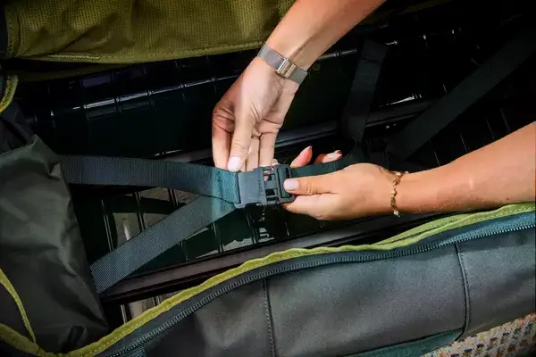 Patagonia Black Hole Wheeled Duffel Bag 100L displayed upright in front of floral wallpaper