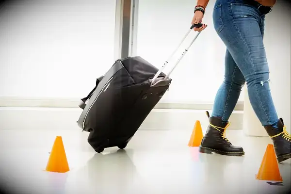 Person rolling Samsonite Just Right Weekend Wheeled Duffel around cones during testing