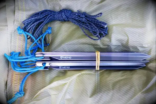 The stakes and cord for the Nemo Hornet Osmo Ultralight Backpacking Tent