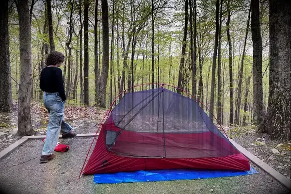 A person stands outside a MSR FreeLite 2-Person Ultralight Backpacking Tent