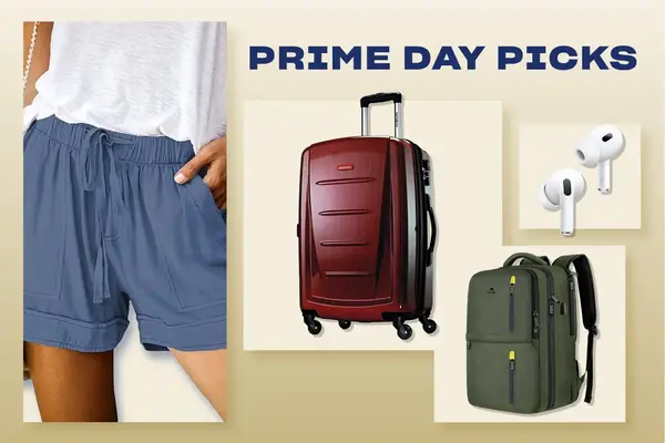 Collage showing travel-related items including shorts, a suitcase, AirPods, and a backpack, with 