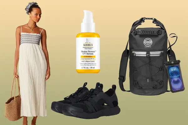 Collage of travel essentials including a breezy dress sunscreen black sneakers waterproof backpack and a smartphone case