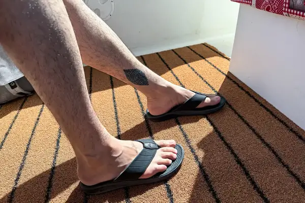 A person wears the Reef The Deckhand sandals on an outdoor rug