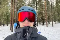 A person wearing the Oakley Line Miner Pro L Snow Goggles while skiing