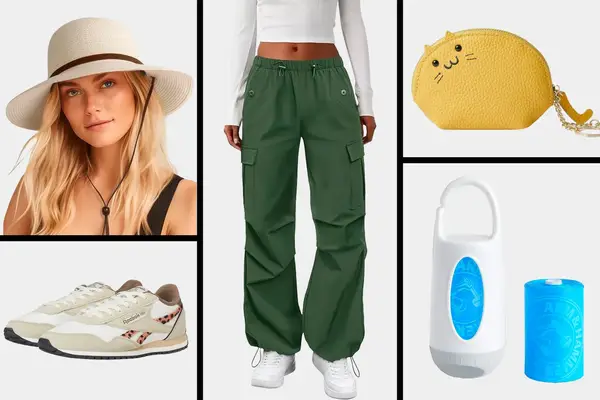 collage of Munchkin® Arm and Hammer Diaper Bag, Legacy Sneakers, Wide Brim Sun Hat, Coin Pouch and Cargo Pants