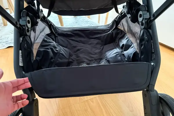 The bottom shelf on the Uppababy Minu V3 Travel Stroller