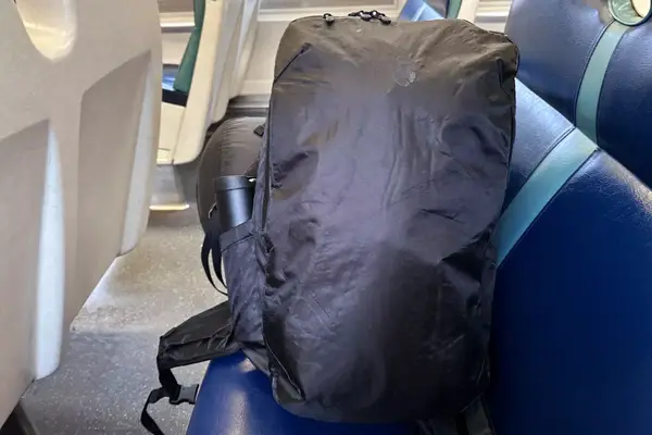 Close up of the Tortuga Travel Backpack 40L on a seat