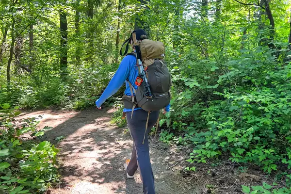 A hiker carrying a The North Face Trail Lite 50 Backpack walking through a lush forest trail, surrounded by greenery and trees