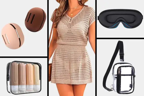 A collage of travel gear including a summer outfit silicone containers a sleep mask wireless earbuds and a clear crossbody bag