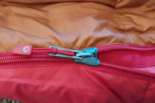 A close-up of the zipper on the Marmot Lost Coast 40° Sleeping Bag