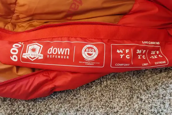 The information on the side of the Marmot Lost Coast 40° Sleeping Bag