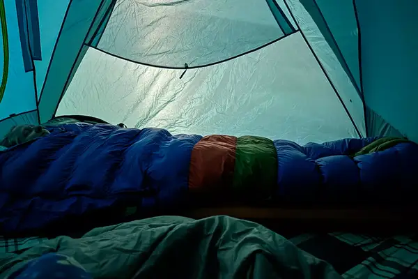 A person sleeps in the Marmot Sawtooth 15 Sleeping Bag inside a tent