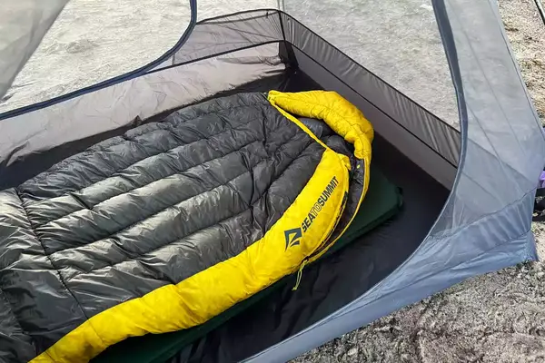 The Sea to Summit Spark Down Sleeping Bag inside a tent