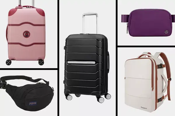 Various suitcases, backpacks and fanny packs collaged onto gird background