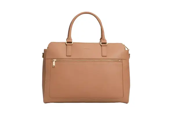 A brown leather tote bag
