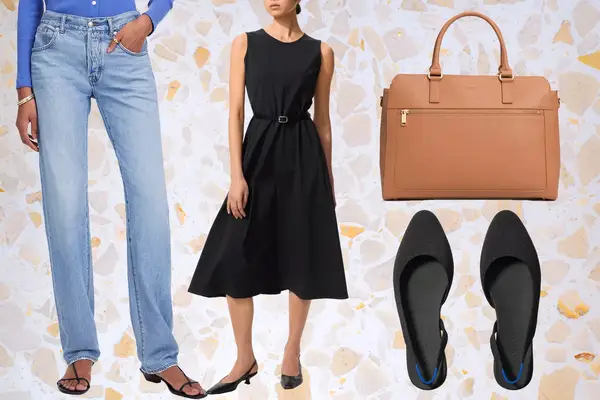 A collage showing jeans, a black dress, a handbag, and shoes as suggested outfits for visiting Paris