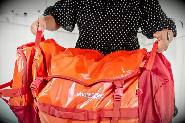 A person places the Calpak Terra 26L Laptop Duffel Backpack into an overhead compartment
