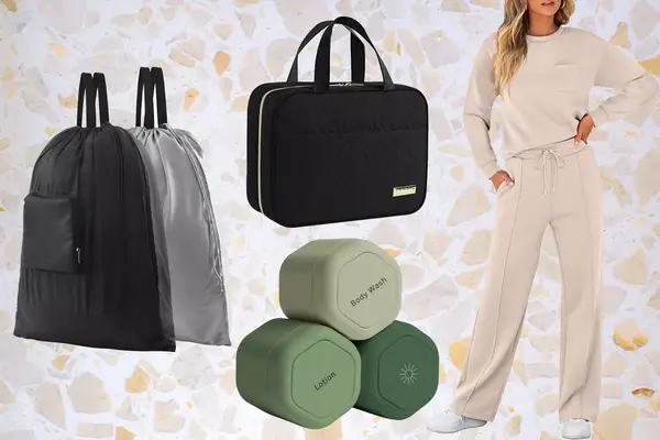 Collage of four travel essentials including packing cubes, toiletry bag, laundry bag, liquid containers and a loungewear