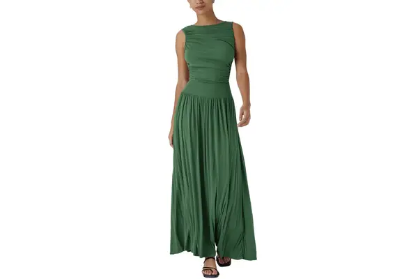 Halara Ribbed Boat Neck Asymmetric Strap Ruched Pocket Flowy Maxi Casual Dress