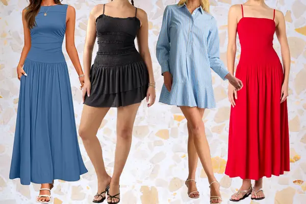 Four different womens dresses displayed on models