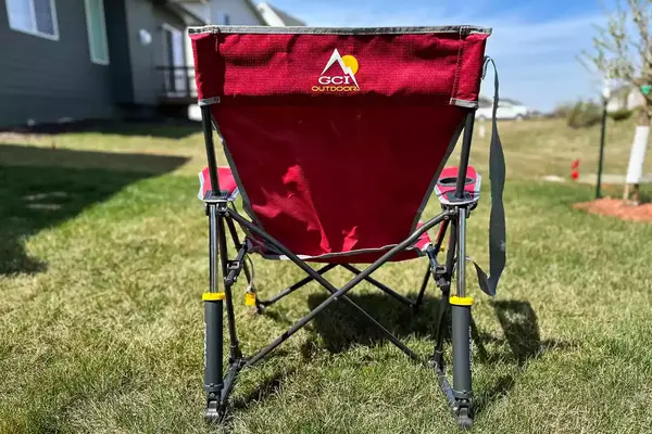 The logo on the back of the GCI Outdoor Kickback Rocker Chair