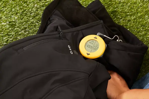 A close-up of the battery pack of the Venture Heat Men