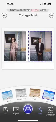 Two Polaroid photos side by side a woman in a dress on the left and a man in a suit on the right