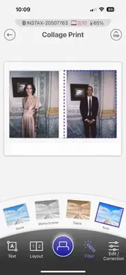 Two Polaroid photos side by side a woman in a dress on the left and a man in a suit on the right
