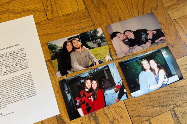 Four photographs of a man and woman in various candid settings with a page of text visible nearby on a wooden surface