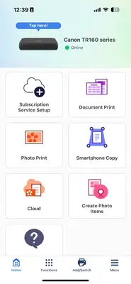 Printer control app interface showing options like subscription setup document print photo print and more