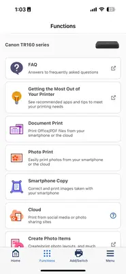 Mobile interface showing functions and options for the Canon TR160 series printer including FAQs and print settings