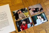 Four photographs of a man and woman in various candid settings with a page of text visible nearby on a wooden surface