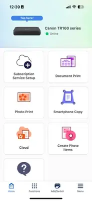 Printer control app interface showing options like subscription setup document print photo print and more