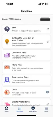 Mobile interface showing functions and options for the Canon TR160 series printer including FAQs and print settings