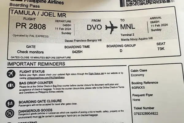 A Philippine Airlines boarding pass for a flight from Davao to Manila featuring boarding time of 0425H and seat 73K