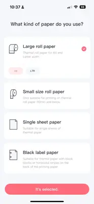 A section of a user interface where the selection for large roll paper is indicated