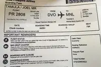 A Philippine Airlines boarding pass for a flight from Davao to Manila featuring boarding time of 0425H and seat 73K