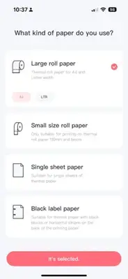 A section of a user interface where the selection for large roll paper is indicated