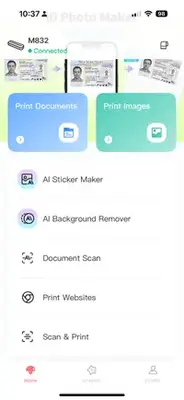 Mobile app interface showing options for printing documents images and various AI tools for image editing and scanning