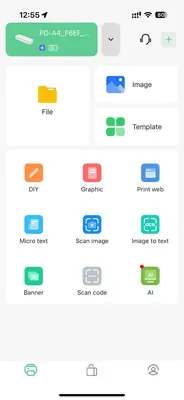 A screenshot from an app for JADENS Bluetooth Thermal Printer displaying various options like file management image scanning and AI features