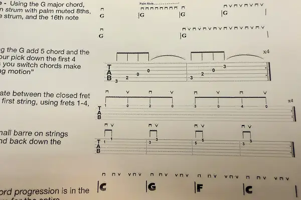 A page of guitar tablature and notations showing chords and strumming patterns for a song printed from JADENS Bluetooth Thermal Printer