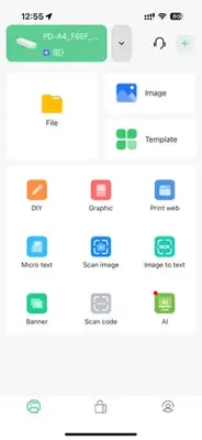 A screenshot from an app for JADENS Bluetooth Thermal Printer displaying various options like file management image scanning and AI features