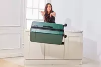 A person pushes the Calpak Hue Trunk Luggage off onto the floor