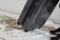 Samsonite Winfield 2 Hardside Luggage With Spinner Wheels being pulled over small rocks