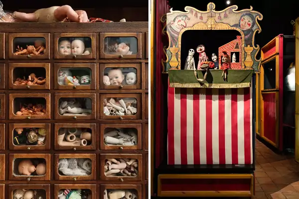 Pair of photos from Lisbon, one showing doll parts at a doll hospital, and one showing a puppet show set in a museum
