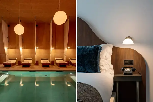 Pair of photos from the Rebello hotel in Portugal, one showing the indoor pool, and one showing a guest room bed