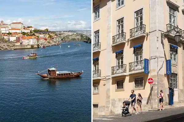 Pair of photos from Porto, one showing the Douro River, and one showing a family walking past a hotel