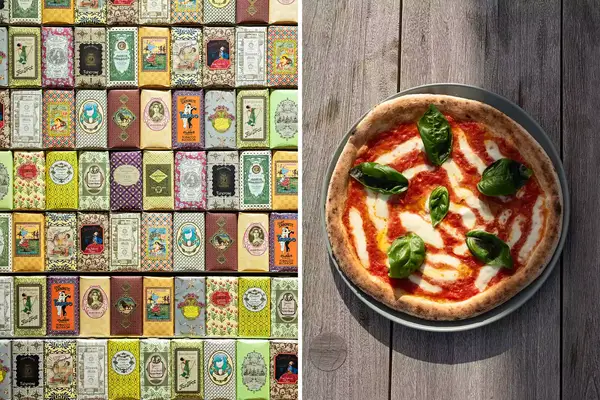 Pair of photos from Portugal, one showing details of colorfully wrapped soaps, and one showing a simple pizza