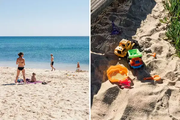 Pair of photos from a beach in Portugal, one showing a family, and one showing colorful plastic toys in the sand