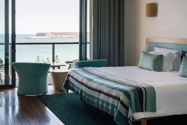 A hotel guest room with sea views